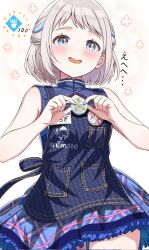 1girl animate_(company) badge bare_shoulders blue_dress blue_eyes blue_ribbon blush braid button_badge cowboy_shot crouching_start denim_apron dot_nose dress frilled_dress frills from_below gakuen_idolmaster grey_hair hair_ribbon half_up_braid happy highres holding_badge idolmaster katsuragi_lilja looking_at_viewer looking_down name_tag open_mouth plaid_clothes plaid_dress ribbon ribbon_braid short_hair sleeveless sleeveless_dress smile solo star_(symbol) star_in_eye symbol_in_eye