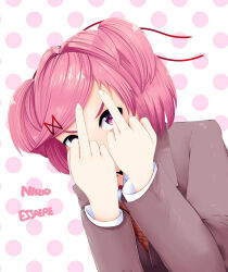 Rule 34 | 1girl, 2018, clothes, doki doki literature club, english text, highres, middle finger, natsuki (doki doki literature club), niizio, pink eyebrows, pink eyes, pink hair, polka dot, polka dot background, solo