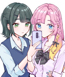 2girls :/ alternate_costume alternate_hairstyle anyoji_hime black_bow black_bowtie black_ribbon blonde_hair blue_eyes blue_nails bow bowtie braid breasts brown_sweater_vest cellphone closed_mouth collarbone expressionless gradient_hair green_eyes green_hair gyaru hair_intakes hair_ornament hair_ribbon hairclip half_updo hand_on_another&#039;s_waist highres holding holding_phone kogal link!_like!_love_live! long_hair love_live! medium_breasts momose_ginko multicolored_hair multicolored_nails multiple_girls phone pink_hair pink_nails ribbon school_uniform short_hair side_braid sidelocks simple_background smartphone sweater_vest two-tone_hair two-tone_nails upper_body virtual_youtuber white_background zangemiya