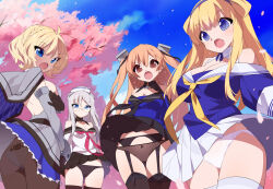 Rule 34 | 4girls, bare shoulders, black panties, black pantyhose, black skirt, blonde hair, blue eyes, blue sky, breasts, brown hair, cherry blossoms, cleavage, clothes lift, colorado (kancolle), commission, cowboy shot, fletcher (kancolle), garter belt, glasses, grey hair, hat, heywood l. edwards (kancolle), johnston (kancolle), kaidou zx, kantai collection, large breasts, long hair, multiple girls, panties, panties over garter belt, pantyhose, petals, pleated skirt, short hair, skeb commission, skirt, skirt lift, sky, underwear, very long hair, white hat, white panties