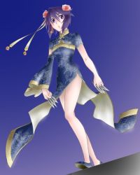 Rule 34 | 1girl, female focus, flower, from below, gradient background, hair flower, hair ornament, legs, naruto, naruto (series), onemu hormone, purple hair, shizune (naruto), short hair, solo, standing, weapon