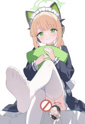 1girl absurdres animal_ear_headphones animal_ears back_bow black_dress blonde_hair blue_archive blunt_bangs blush bow cat_ear_headphones cat_ears censored chinese_commentary closed_mouth commentary_request commission dress fake_animal_ears feet foot_focus foot_out_of_frame foot_up frilled_dress frills garter_straps green_bow green_eyes green_halo hair_bow halo head_tilt headphones highres holding holding_pillow hugging_object jyt koharu_(blue_archive) loli long_sleeves looking_at_viewer low_ponytail maid maid_headdress medium_hair midori_(blue_archive) midori_(maid)_(blue_archive) no_shoes novelty_censor number_print official_alternate_costume official_alternate_hairstyle on_bed parted_bangs pillow ponytail puffy_long_sleeves puffy_sleeves second-party_source simple_background sitting smile soles solo thighhighs toes white_background white_bow white_headdress white_thighhighs