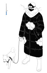 Rule 34 | 1boy, absurdres, akatsuki uniform, boots, coat, dog, full body, half-closed eyes, hand in pocket, highres, holding, holding leash, kakuzu (naruto), leash, long sleeves, male focus, mask, mouth mask, naruto (series), naruto shippuuden, ninja, ninja mask, shiba inu, simple background, solo, standing, white background, winter clothes, winter coat, yi (199702090505)