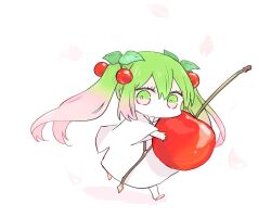 1other alternate_hairstyle cherry cherry_hair_ornament chibi commentary_request enkidu_(fate) fate/strange_fake fate_(series) food food-themed_hair_ornament fruit gradient_eyes gradient_hair green_eyes green_hair hair_ornament himeko_(nico6v6pachi) holding holding_food holding_fruit multicolored_eyes multicolored_hair other_focus pink_eyes pink_hair robe solo twintails white_robe