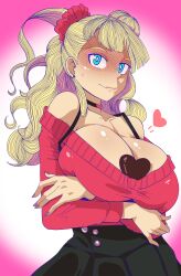 1girl absurdres asymmetrical_hair bare_shoulders between_breasts black_skirt blonde_hair blue_eyes breasts candy chocolate chocolate_heart choker cleavage closed_mouth collarbone cowboy_shot crossed_arms ecchipoo food galko gradient_background hair_bun hair_ornament hair_scrunchie heart highres huge_breasts lips long_sleeves looking_at_viewer oshiete!_galko-chan pink_background purple_nails red_sweater scrunchie shiny_skin side_ponytail skirt solo standing sweat sweater traced white_background