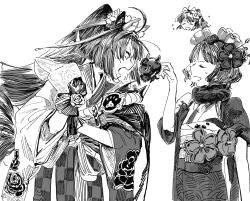 2girls ahoge arguing clenched_hand closed_eyes fate/grand_order fate_(series) gloves greyscale highres japanese_clothes katsushika_hokusai_(fate) kimono kyokutei_bakin_(fate) kyokutei_bakin_(second_ascension)_(fate) long_hair monochrome multiple_girls octopus ponytail qmiqun tokitarou_(fate) wide_sleeves