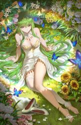 Rule 34 | 1girl, absurdres, barefoot, bracelet, breasts, bug, butterfly, c.c., code geass, dress, flower, green hair, hair between eyes, hair flower, hair ornament, hair spread out, high heels, highres, insect, jewelry, long hair, on grass, pumps, qinyi chinyi, signature, single bare leg, single thighhigh, sleeveless, sleeveless dress, solo, strapless, strapless dress, thighhighs, white dress, white thighhighs