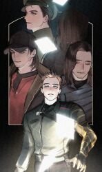 Rule 34 | 5boys, absurdres, avengers: infinity war, avengers (series), back, black bodysuit, black hat, black pants, blue eyes, blue jacket, bodysuit, brown hair, brown jacket, bucky barnes, captain america: civil war, captain america: the first avenger, captain america: the winter soldier, captain america (series), closed eyes, closed mouth, facial hair, green hat, green jacket, hat, highres, hood, hooded jacket, jacket, lapels, long sleeves, looking at viewer, looking to the side, male focus, marvel, marvel cinematic universe, military hat, military jacket, military uniform, multiple boys, multiple persona, open clothes, open jacket, pants, prosthesis, prosthetic arm, red shirt, rrr be, shirt, short hair, standing, teeth, the falcon and the winter soldier, visor cap, winter soldier