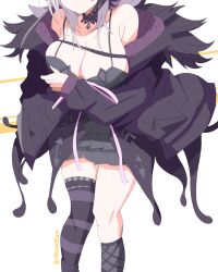 1girl black_choker black_coat black_hair black_thighhighs breasts choker cleavage closed_mouth coat commentary english_commentary erikuukun eyes_out_of_frame fur-trimmed_coat fur_trim grey_hair head_out_of_frame highres hololive hololive_english large_breasts long_hair multicolored_hair pink_ribbon purple_coat ribbon shiori_novella shiori_novella_(1st_costume) single_thighhigh smile solo striped_clothes striped_thighhighs thighhighs two-sided_coat two-sided_fabric two-tone_hair virtual_youtuber