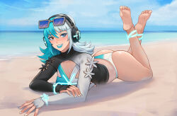 1girl ass bare_legs barefoot beach black-framed_eyewear blue-tinted_eyewear blue_eyeliner blue_eyes blue_hair blue_lips blue_sky breasts cawfield cleavage eyeliner eyewear_on_head feet feet_up fingernails headphones heterochromia highres horizon large_breasts lips long_hair looking_at_viewer luna_snow luna_snow_(cool_summer) lying makeup marvel marvel_rivals multicolored_hair nail_polish ocean official_alternate_costume on_stomach one-piece_swimsuit parted_lips purple_hair sand sky smile soles split-color_hair sunglasses swimsuit teeth the_pose thighs tinted_eyewear toes two-tone_hair water white_hair white_nails