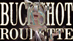 1girl absurdres ahoge animal_ears aqua_eyes black_background black_headband black_shirt buckshot_roulette cellphone copyright_name cuffs double-parted_bangs earrings fangs flip_phone fox_ears fox_girl gold_earrings gun handcuffs headband highres holding holding_phone holding_weapon hololive hyde_(tabakko) jewelry looking_at_viewer medium_hair off_shoulder official_alternate_costume open_mouth phone pill shirakami_fubuki shirakami_fubuki_(loungewear) shirt shotgun sidelocks single_off_shoulder tongue tongue_out virtual_youtuber weapon white_hair