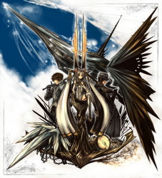 1girl 2boys hat highres horns kotoba_noriaki crossed_legs looking_at_viewer multiple_boys pixiv_fantasia pixiv_fantasia_4 ratkia_marhault short_hair smile sword thighhighs weapon