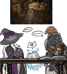 1boy 2girls absurdres anger_vein barefoot bird_boy black_hat blue_eyes blue_flower chibi commentary crossed_arms dark-skinned_female dark_skin dress elden_ring elden_ring_nightreign english_commentary flower game_screenshot_inset guardian_(elden_ring) hat head_wreath highres long_hair mini_person minigirl multiple_girls off_shoulder pun-rii purple_sleeves recluse_(elden_ring) revenant_(elden_ring) size_difference table twitter_username veil white_dress white_hair witch witch_hat