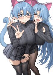 2girls absurdres animal_ears aochoku armpit_cutout black-framed_eyewear black_skirt black_sweater black_thighhighs blue_hair blush breasts brown_pantyhose closed_eyes clothing_cutout commentary earrings fake_animal_ears fake_tail fang glasses hair_between_eyes hands_on_another&#039;s_shoulders highres jewelry large_breasts leona_(aochoku) leone_(aochoku) long_hair long_sleeves looking_at_viewer multiple_girls open_mouth original pantyhose pleated_skirt ribbed_sweater round_eyewear short_hair simple_background skirt stud_earrings sweater symbol-only_commentary tail thighhighs turtleneck turtleneck_sweater very_long_hair w white_background