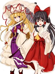 Rule 34 | 2girls, 83mkneinlsqmebq, :o, absurdres, ascot, bare shoulders, black hair, blonde hair, brown eyes, brown shoes, detached sleeves, dress, folded fan, folding fan, gloves, gohei, hair between eyes, hair ribbon, hakurei reimu, hand fan, highres, holding, holding fan, holding gohei, holding ofuda, holding umbrella, long hair, looking at viewer, multiple girls, open mouth, purple eyes, purple tabard, red shirt, red skirt, ribbon, shirt, shoes, skirt, smile, socks, tabard, touhou, umbrella, upper body, very long hair, white background, white dress, white gloves, white socks, yakumo yukari, yellow ascot