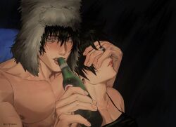 1boy 1girl 679sora alcohol beer beer_bottle black_hair couple earrings fushiguro_touji green_eyes hand_on_another&#039;s_face hat highres jewelry jujutsu_kaisen lips looking_at_viewer medium_hair neck nipples pectorals scar scar_on_face scar_on_mouth topless_male ushanka