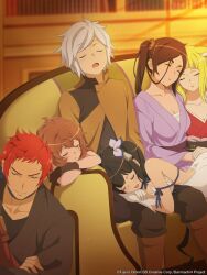 2boys 4girls absurdres artist_request backless_dress backless_outfit bell_cranel black_hair black_pants blonde_hair breast_press breasts brown_hair closed_eyes couch dress dungeon_ni_deai_wo_motomeru_no_wa_machigatteiru_darou_ka evening gloves hestia_(danmachi) highres japanese_clothes large_breasts liliruca_arde multiple_boys multiple_girls official_art on_couch open_mouth pants red_hair sanjouno_haruhime sleeping sleeping_on_person welf_crozzo white_dress white_gloves yamato_mikoto