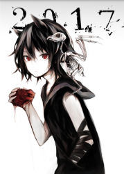 2017 animal animal_on_shoulder bird bird_on_shoulder black_hair black_hoodie blood closed_mouth demon_girl demon_horns hand_in_pocket hasunokaeru heart heart_(organ) highres holding holding_heart hood hood_down hoodie horns looking_at_viewer medium_hair messy_hair original pale_skin red_eyes simple_background skeleton sleeveless sleeveless_hoodie white_background