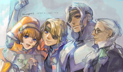 1girl 3boys :d artist_name ascot bartholomew_fatima black_suit blonde_hair blue_eyes brown_hair copyright_name dated earrings eyepatch fingerless_gloves formal_clothes glasses gloves grey_background hand_up hat highres jewelry lawrence_maison long_hair looking_at_viewer marguerite_fatima mature_male medium_hair multiple_boys open_mouth orange_hat sigurd_harcourt smile suit tetz-co upper_body white_hair xenogears