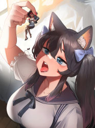 2girls animal_ear_fluff black_hair black_sailor_collar blue_bow blue_eyes bow cat_girl colored_tips commission female_focus giant giantess hair_bow highres imminent_vore kkasi00 multicolored_hair multiple_girls open_mouth original purple_hair red_hair sailor_collar saliva_trail sidelocks size_difference teeth tongue tongue_out vore