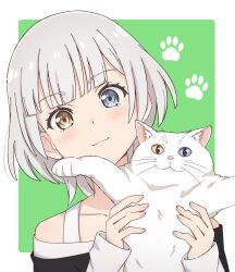 1girl :3 absurdres animal bang_dream! bang_dream!_it&#039;s_mygo!!!!! black_shirt blue_eyes blunt_bangs blush border cat collarbone commentary_request green_background heterochromia highres holding holding_animal holding_cat kaname_raana looking_at_viewer medium_hair mimori_(mimori_05) orange_eyes portrait rounded_corners shirt simple_background sleeves_past_wrists solo white_border white_hair white_shirt