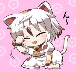 1girl :3 animal_ears barefoot bell black_collar blush calico cat_ears cat_girl cat_tail chibi chibi_only closed_eyes closed_mouth collar commentary_request floral_background full_body goutokuji_mike jingle_bell multicolored_hair neck_bell patch pink_background rokugou_daisuke shirt short_hair short_sleeves signature sitting skirt solo streaked_hair tail tongue tongue_out touhou white_hair white_shirt white_skirt