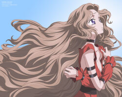 Rule 34 | 1girl, bracelet, breasts, brown hair, choker, cleavage, code geass, crying, dress, highres, jewelry, long hair, nunnally vi britannia, purple eyes, red dress, small breasts, very long hair