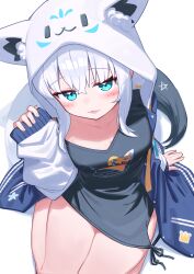1girl :p absurdres animal_ears aqua_eyes black_jacket black_shirt blue_jacket character_hood character_print commentary_request fox_ears fox_tail hair_between_eyes hand_up highres hip_vent hololive hood hood_up hooded_jacket jacket knees_out_of_frame long_hair long_sleeves looking_at_viewer loungewear no_pants official_alternate_costume open_clothes open_jacket pentagram print_shirt raglan_sleeves seiza shirakami_fubuki shirakami_fubuki_(loungewear) shirt side-tie_shirt simple_background sitting sleeves_past_wrists solo sukonbu_(shirakami_fubuki) tail tongue tongue_out verdey virtual_youtuber white_background white_hair white_sleeves