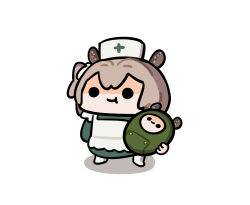 ._. 1girl 1other :t absurdres animal_ears apron baby baby_carry black_eyes brown_hair carrying carrying_person chibi chibi_only commentary double-parted_bangs dress ears_through_headwear english_commentary full_body green_dress hat highres indie_virtual_youtuber keenbiscuit long_sleeves looking_ahead medium_hair mother_and_child nimi_nightmare nurse nurse_cap one_side_up shadow simple_background standing swaddled tapir_ears tapir_girl virtual_youtuber white_apron white_background white_hat
