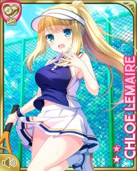 1girl :o ball blonde_hair blue_eyes blue_shirt bow breasts card_(medium) character_name chloe_lemaire girlfriend_(kari) long_hair medium_breasts official_art open_mouth qp:flapper racket red_bow shirt skirt socks solo standing tagme tennis_ball tennis_court tennis_racket white_skirt white_socks
