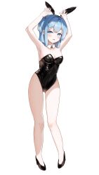 1girl absurdres animal_ears armpits arms_up black_leotard blue_eyes blue_hair blush breasts cleavage fake_animal_ears full_body goddess_of_victory:_nikke hair_intakes high_heels highleg highleg_leotard highres leotard long_hair medium_breasts pigeon-toed playboy_bunny rabbit_ears rabbit_pose shifty_(nikke) short_sidetail side_ponytail simple_background solo standing strapless strapless_leotard white_background yomining