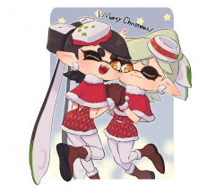 2girls :3 argyle_clothes argyle_dress back_cutout black_hair blue_sky boots bow-shaped_hair brown_boots callie_(splatoon) capelet cheek-to-cheek christmas closed_mouth clothing_cutout collared_capelet commentary_request contrapposto coula_cat cross-laced_clothes cross-laced_cutout cross-shaped_pupils dot_nose dress earrings english_text fangs food-themed_hair_ornament full_body fur-trimmed_boots fur-trimmed_capelet fur-trimmed_dress fur-trimmed_gloves fur_trim gloves green_hair grin hair_ornament heads_together heart highres holding_hands inkling interlocked_fingers jewelry large_ears leaning_back leaning_forward leather leather_boots leather_gloves long_hair looking_at_viewer looking_to_the_side marie_(splatoon) merry_christmas mole mole_under_eye multicolored_hair multiple_girls nintendo one_eye_closed outside_border pantyhose pointy_ears red_capelet red_dress short_dress short_hair sky sleeveless sleeveless_dress smile splatoon_(series) splatoon_1 star_(sky) starry_sky suction_cups swept_bangs symbol-shaped_pupils tareme tentacle_hair thick_eyebrows thick_eyelashes two-tone_hair v-shaped_eyebrows very_long_hair white_hair white_pantyhose yellow_eyes