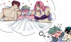 Rule 34 | 2boys, absurdres, alien stage, black bra, black hair, blush, bra, choker, commentary, dreaming, dual persona, english commentary, finger to mouth, grey choker, grey hair, hawk till, highres, ivan (alien stage), multiple boys, one eye closed, pectorals, pink hair, red pupils, saliva, sandwiched, short hair, shoulder blush, shushing, sleeping, speech bubble, thought bubble, till (alien stage), topless male, under covers, underwear, very short hair, wig, zzz