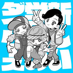 3boys :d :o abinofa akanegakubo_ryoutarou asymmetrical_bangs bandana bandana_around_ankle bandana_around_neck baseball_cap blue_background blush_stickers bracelet commentary_request deformed double_v doutonbori_divers drawstring fingernails full_body greyscale_with_colored_background hair_ornament hairpin hat headband highres hood hood_down hoodie hypnosis_mic hypnosis_mic:_rule_the_stage jacket jewelry kneehighs knees_together_feet_apart lapels layered_shirt leg_up light_smile long_sleeves looking_at_viewer male_focus multiple_boys multiple_hairpins notched_lapels open_mouth outstretched_arm overalls pants parted_bangs raised_eyebrows shoes short_hair shorts side_slit side_slit_shorts sleeves_pushed_up smile sneakers socks standing standing_on_one_leg sweatpants swept_bangs takanashi_haru_(hypnosis_mic:_rule_the_stage) tareme tied_drawstring translation_request v v-shaped_eyebrows walking watamoto_hirotaka wavy_hair