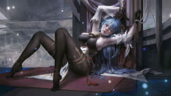 1girl absurdres adora_zhang armpits arms_up artist_name backless_bodysuit backless_outfit barefoot bell black_gloves black_pantyhose blue_hair bodystocking bound bound_wrists breasts chinese_knot closed_mouth commentary detached_sleeves english_commentary full_body ganyu_(genshin_impact) genshin_impact gloves goat_horns highres horns knees_up large_breasts light_particles lips long_hair looking_at_viewer neck_bell orange_eyes pantyhose pelvic_curtain pink_lips red_horns sideboob sitting skindentation solo tassel vision_(genshin_impact) white_sleeves