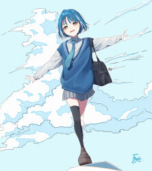 1girl aegyo_sal aqua_necktie asymmetrical_legwear bag black_bag black_thighhighs blue_background blue_hair blue_sweater_vest blue_theme boots brown_shoes charm_(object) cloud collared_shirt commentary_request cumulonimbus_cloud full_body grey_eyes grey_skirt highres looking_at_viewer multicolored_hair necktie open_mouth original outline partial_commentary pleated_skirt school_bag shirt shoes signature single_sock single_thigh_boot skirt socks solo streaked_hair sweater_vest thigh_boots thighhighs two-tone_hair uneven_legwear white_outline white_shirt white_socks yoruse