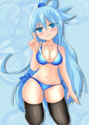 Rule 34 | 1girl, aqua (konosuba), arm at side, bikini, black thighhighs, blue background, blue bikini, blue eyes, blue hair, blush, breasts, cleavage, closed mouth, collarbone, dot nose, eyelashes, feet out of frame, female focus, hand up, index finger raised, kneeling, kono subarashii sekai ni shukufuku wo!, large breasts, long hair, looking at viewer, matching hair/eyes, navel, saratto 2zyo, side-tie bikini bottom, simple background, smile, smug, solo, swimsuit, thick thighs, thighhighs, thighs