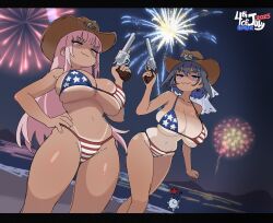 Rule 34 | :3, ?, alternate costume, american flag, american flag bikini, american flag print, beach, bikini, bikini tan, blue eyes, blue hair, breasts, commentary, cowboy hat, cowboy shot, english commentary, fireworks, flag print, flag print bikini, fourth of july, fruithead, gun, hand on own hip, hand up, handgun, hat, highres, holding, holding gun, holding weapon, hololive, hololive english, kronie (ouro kronii), large breasts, leaf, long hair, looking at viewer, maple leaf, medium hair, mori calliope, multicolored bikini, navel, night, night sky, ouro kronii, pink eyes, pink hair, print bikini, revolver, skindentation, sky, smug, spoken question mark, star (symbol), stomach, swimsuit, tan, tanline, two-tone bikini, underboob, virtual youtuber, weapon