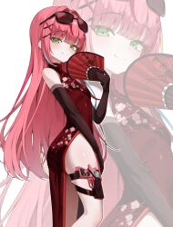 1girl bare_shoulders brown_gloves china_dress chinese_clothes closed_mouth dress ekta elbow_gloves eyewear_on_head folding_fan gloves green_eyes gun hanako_nana hand_fan handgun highres holding holding_fan holstered leg_holster long_hair looking_at_viewer pelvic_curtain pink_hair red_dress simple_background sleeveless sleeveless_dress smile solo standing stellive sunglasses thigh_strap thighs very_long_hair virtual_youtuber weapon white_background zoom_layer
