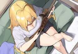 1girl blonde_hair breasts character_request cleavage couch from_above pocche-ex shorts tagme