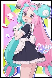 1girl :d absurdres alternate_costume apron black_dress bow-shaped_hair character_hair_ornament clenched_hand commentary_request creatures_(company) dress enmaided from_side game_freak green_hair hair_ornament hand_up highres iono_(pokemon) long_hair looking_to_the_side maid multicolored_hair nintendo odorukaminoke open_mouth outline pink_hair pokemon pokemon_sv smile solo teeth tongue twintails two-tone_hair upper_teeth_only white_apron white_wrist_cuffs wrist_cuffs