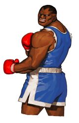 Rule 34 | 1boy, balrog (street fighter), black hair, blue eyes, boxing gloves, boxing shorts, capcom vs snk, dark-skinned male, dark skin, from behind, game cg, highres, ikeno daigo, looking back, male focus, muscular, muscular male, non-web source, official art, parted lips, scowl, short hair, shorts, simple background, solo, street fighter, tank top, teeth, torn clothes, torn sleeves, white background