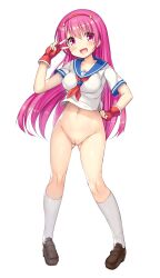 1girl :d asamiya_athena blue_sailor_collar bottomless brown_shoes cleft_of_venus commentary_request covered_erect_nipples fingerless_gloves full_body gloves hairband highres kneehighs long_hair navel neckerchief ochinsama open_mouth pink_eyes pink_hair pussy red_gloves red_hairband red_neckerchief sailor_collar school_uniform serafuku shirt shoes short_sleeves smile socks solo standing the_king_of_fighters v white_background white_shirt white_socks