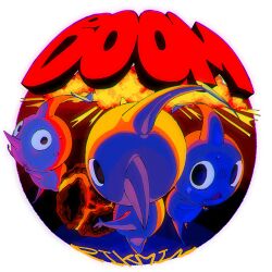 black_eyes blue_pikmin bomb_rock explosion highres looking_at_viewer nintendo no_humans open_mouth pikmin_(series) pikmin_1 red_pikmin sweat triangle_mouth yellow_pikmin yu_pikmin
