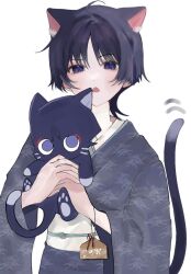 1boy ahoge alternate_costume animal animal_ear_fluff animal_ears bishounen black_tail blush cat cat_boy cat_ears cat_tail chestnut_mouth ema eyeliner eyeshadow genshin_impact han&#039;eri highres holding holding_animal holding_cat japanese_clothes kemonomimi_mode kimono long_sleeves looking_at_viewer makeup male_focus motion_lines obi obijime open_mouth pawpads pink_eyeshadow print_kimono purple_cat purple_eyes purple_hair purple_kimono red_eyeliner sash scaramouche_(cat)_(genshin_impact) scaramouche_(genshin_impact) short_hair solo straight-on t112 tail tail_raised two-handed upper_body whiskers white_sash wide_sleeves wolf_cut