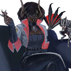 1girl 202vincent animal_hands black_lips breasts cleavage cleavage_cutout clothing_cutout couch crossed_legs dark_skin dog_tags familiar highres holding holding_smoking_pipe horns jacket open_clothes open_jacket original sitting smoking_pipe turtleneck