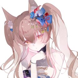 1girl :| angelina_(ambience_synesthesia_2025)_(arknights) angelina_(arknights) animal_ears arknights bare_shoulders black_collar blue_flower blue_ribbon breasts brown_hair close-up closed_mouth collar collarbone commentary dot_nose dress expressionless flower fox_ears hair_flower hair_intakes hair_ornament hand_up highres jiayun94769 light_particles long_hair medium_breasts nemophila_(flower) official_alternate_costume orange_eyes red_ribbon ribbon sleeveless sleeveless_dress solo symbol-only_commentary tassel twintails upper_body white_dress