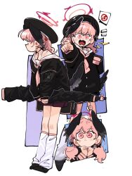 1girl black_bag black_hat black_shirt black_wings blue_archive closed_mouth gun halo hat head_wings highres holding holding_gun holding_weapon kinzaibatsu91 kneehighs koharu_(blue_archive) long_hair long_sleeves looking_at_viewer multiple_views neckerchief open_mouth pink_eyes pink_hair pink_neckerchief pointing pointing_at_viewer red_halo red_skirt shirt skirt socks speech_bubble twintails weapon white_background white_socks wings
