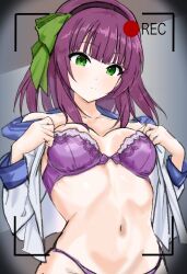 Rule 34 | 1girl, angel beats!, bare shoulders, black hairband, blunt bangs, bow, bra, breasts, breasts apart, closed mouth, collarbone, commentary request, commission, cowboy shot, green bow, green eyes, grey background, groin, hair bow, hairband, hands up, hidden camera, highres, lace, lace-trimmed bra, lace trim, light frown, long sleeves, looking down, medium hair, nakamura yuri, navel, open clothes, open shirt, panties, purple bra, purple hair, purple panties, recording, shinda sekai sensen uniform, shirt, sidelocks, simple background, skeb commission, solo, split mouth, stomach, straight hair, underwear, undressing, viewfinder, vignetting, white shirt, zenoo