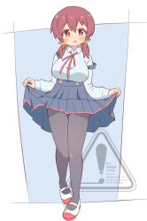 1girl :d adversarial_noise black_pantyhose blue_skirt blush breasts brown_hair clothes_lift commentary dot_nose full_body hair_between_eyes highres large_breasts lifting_own_clothes looking_at_viewer low_twintails mary_janes murosaki_miyo neck_ribbon onii-chan_wa_oshimai! open_mouth panties pantyhose pleated_skirt pon_sugar red_eyes red_ribbon ribbon shirt shoes simple_background skirt skirt_lift smile solo strap_slip suspender_skirt suspenders thigh_gap twintails underwear white_panties white_shirt white_shoes wing_collar
